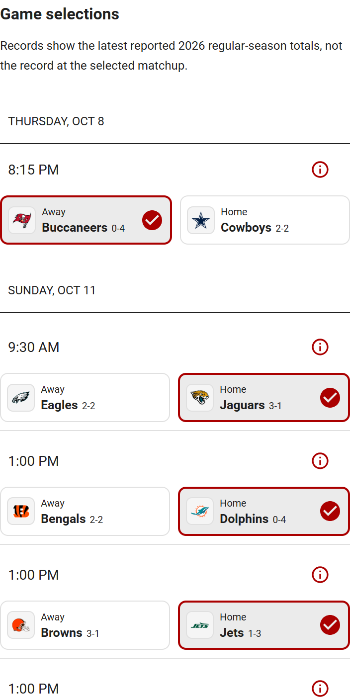 Actual Tracknest mobile winner-pick cards with Buccaneers, Cowboys, Eagles, Jaguars, Bengals, and Dolphins team logos and records