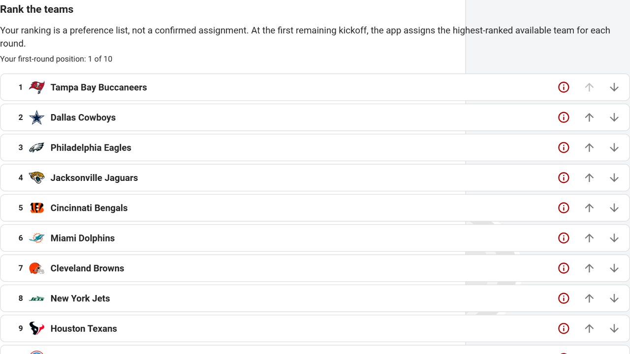 Tracknest Weekly Team Draft ranked team list with logos and move-up and move-down controls