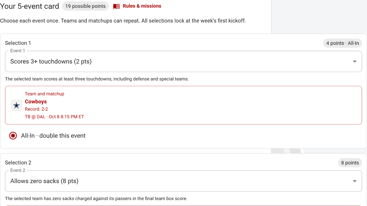 Tracknest Event Pick’em card with event choices, team targets, event points, and All-In controls